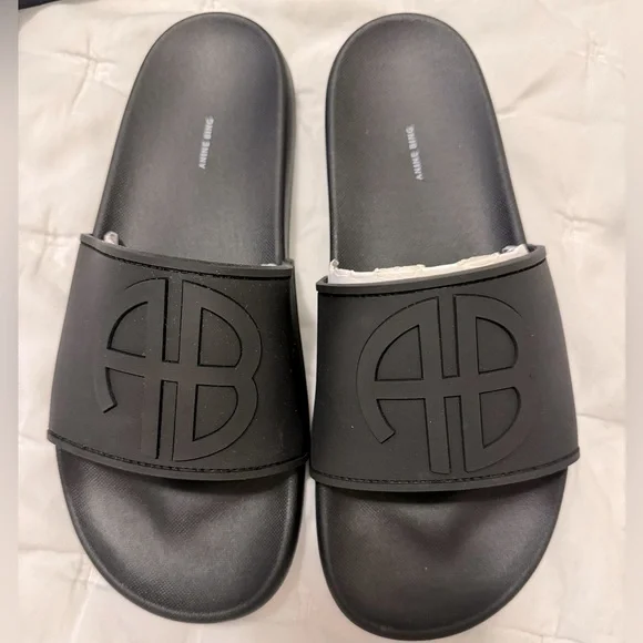 Anine Bing Isla Slides Black Monogram Size 38